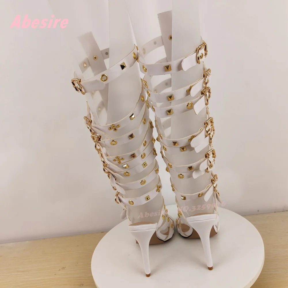 الأبيض برشام قطع صنادل طراز جلاديتور المفتوحة تو الخنجر الكعوب متعددة التوى Slingback المدرج الأحذية المرقعة أحذية الصيف مثير