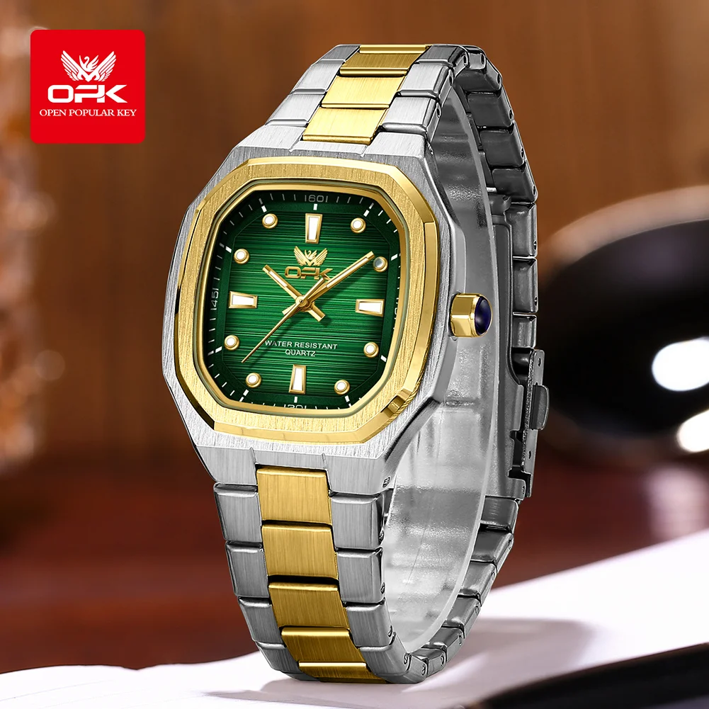 OPK 6044 ساعات رجالية أصلية من الفولاذ المقاوم للصدأ مقاومة للماء ساعة رجالية جديدة بمينا مربع ساعة كوارتز مضيئة للرجال