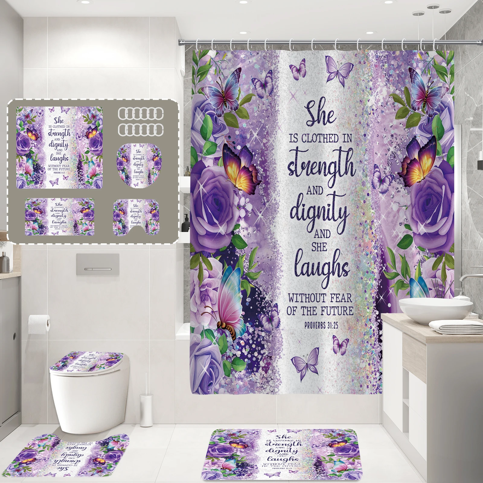 Butterfly floral letter print shower curtain waterproof design polyester home décor bathroom curtain with hook