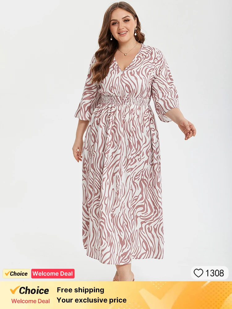 

Plus Sized Clothing Women Spring Summer Casual Elastic Waist V Neck Midi Dress with Pockets Zebra Stripes Printed Fashion Dresse