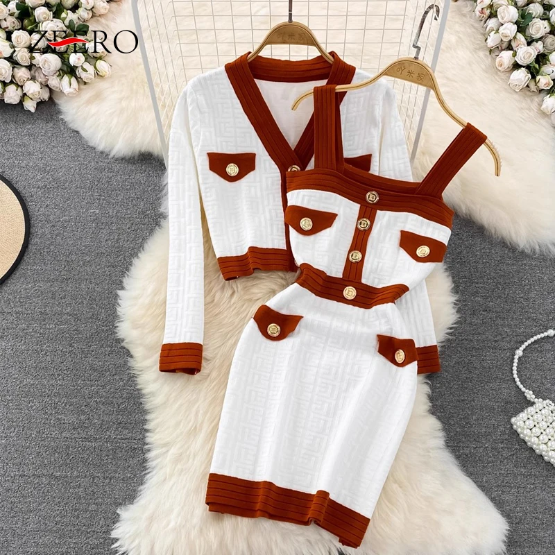 Fall Winter Women Long Sleeve Contrast Knitted Cardigans Short Coat + Slim Mini Sweater Strap Wrap Hip Dress Sets 2 Piece Sets