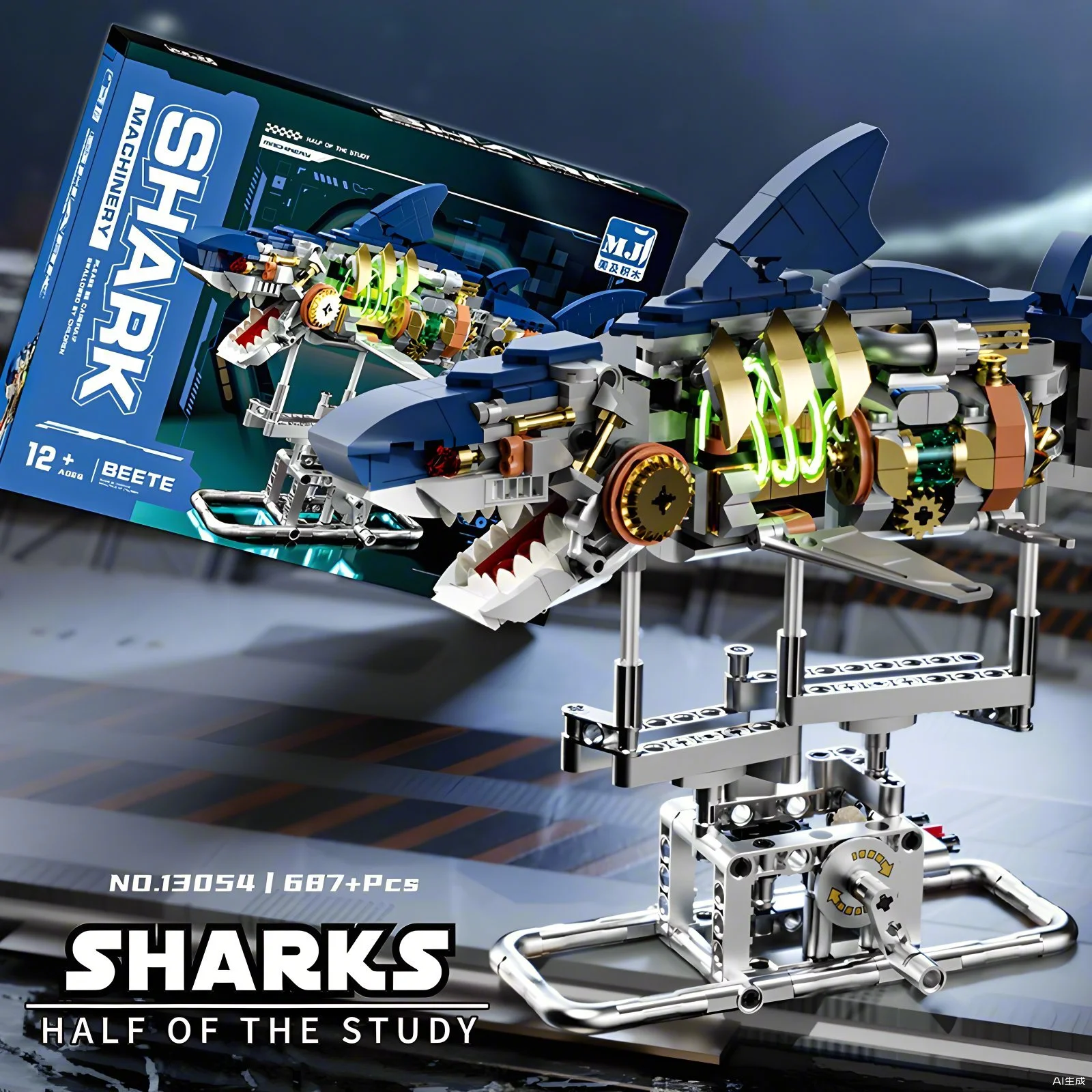 687PCS MOC Mechanical Shark Building Sets Marine Organism Building Blocks Model Kits With Display Stand And Lights Gift for Kids