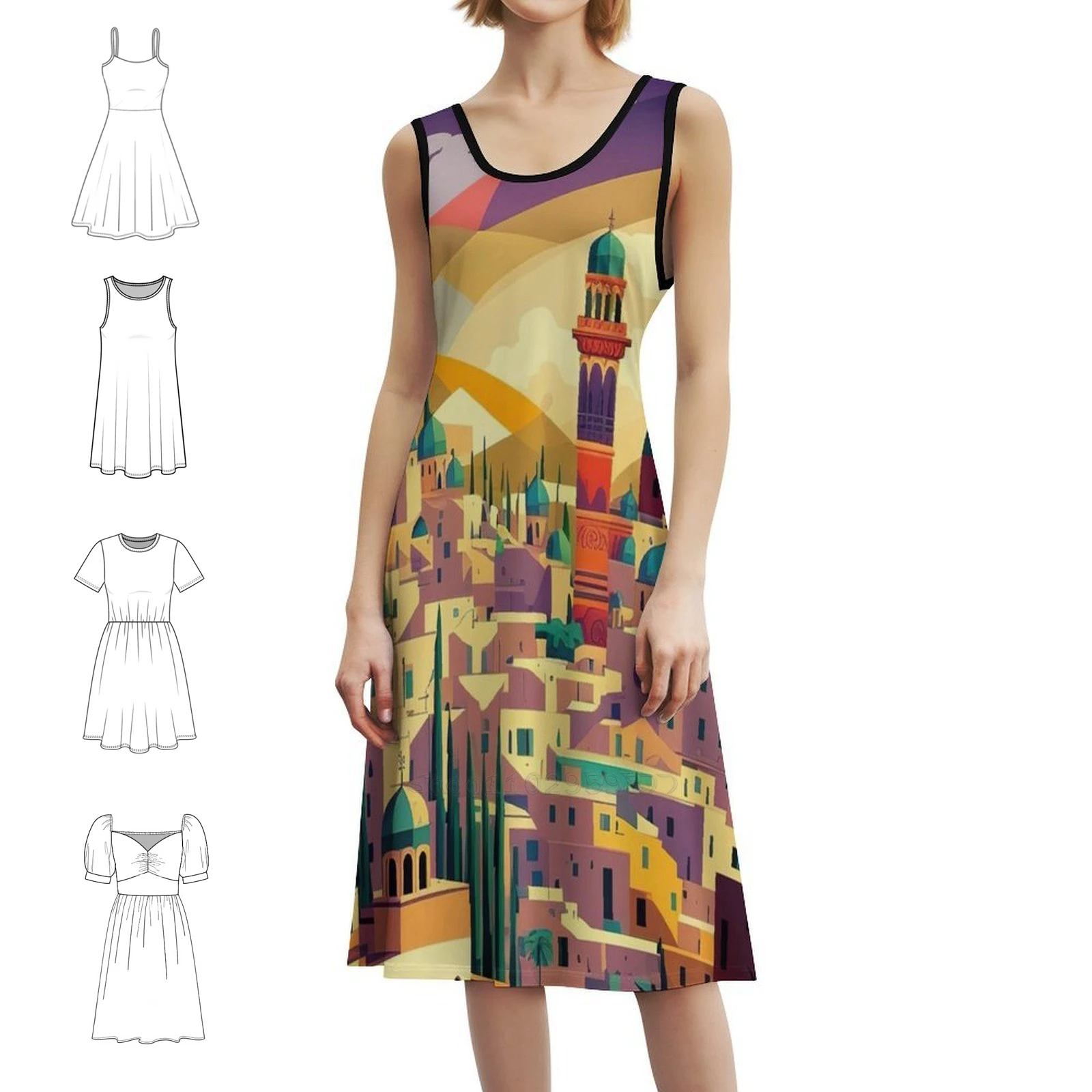 فستان Jerusalem Art بوهيمي بدون أكمام متعدد الطباعة لحفلات العطلات على الشاطئ، فستان Jerusalem Jerusalem Retro Jerusalem Womens #1