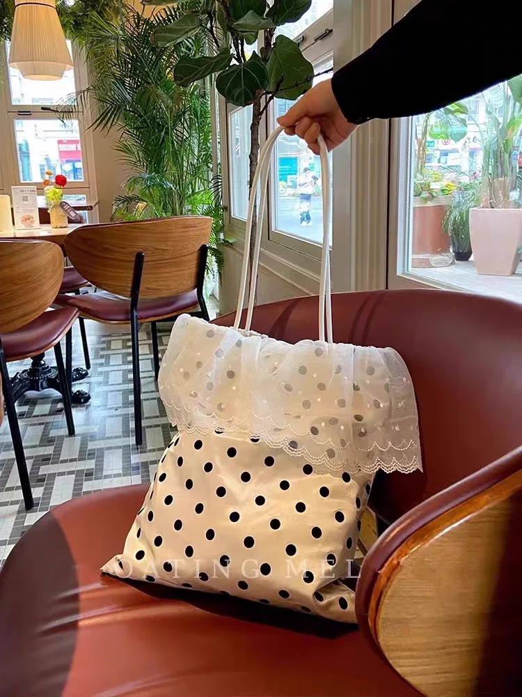 

French Polka Lace Yarn Bag Retro Single Shoulder Niche Design Large Capacity Bags for Women