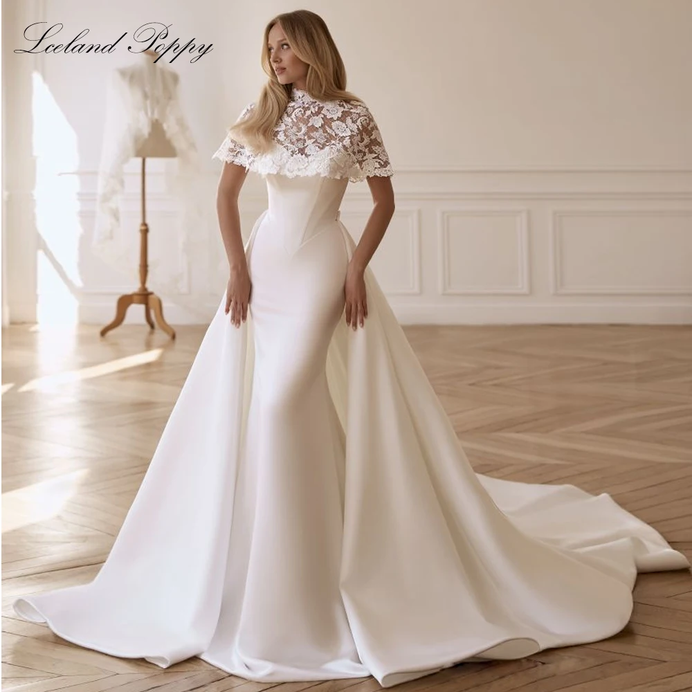 Lceland Poppy Customized 2 Pieces Strapless Mermaid Satin Wedding Dresses Sleeveless Bridal Gowns with Chapel Train