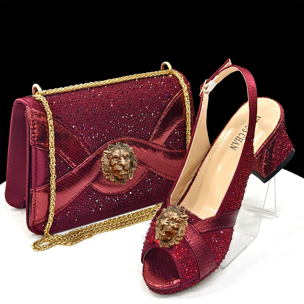 

LUXE Women's Peep-Toe Heels and Matching Wine Color Diamond Pumps Set- Stylish Italian Shoes and Bags for Parties