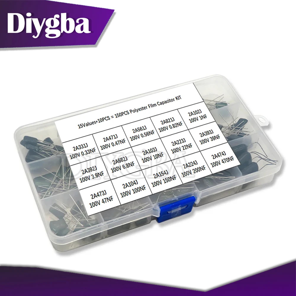 150PCS/Set Polyester Film Capacitor Assortment Box Kit 15Values 0.33NF 2A331J 470NF 2A474J 2A821J 2A102J 2A393J 2A474J