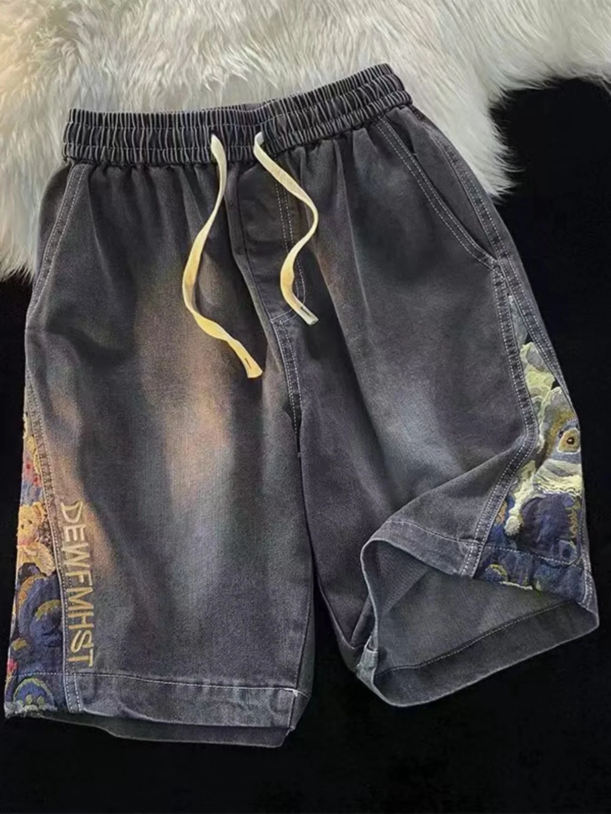 

Summer Thin Denim ort Pants Men's Vintage American Sle Five-Point Loose Straight Leg Bear Patchwork Casual Jeans