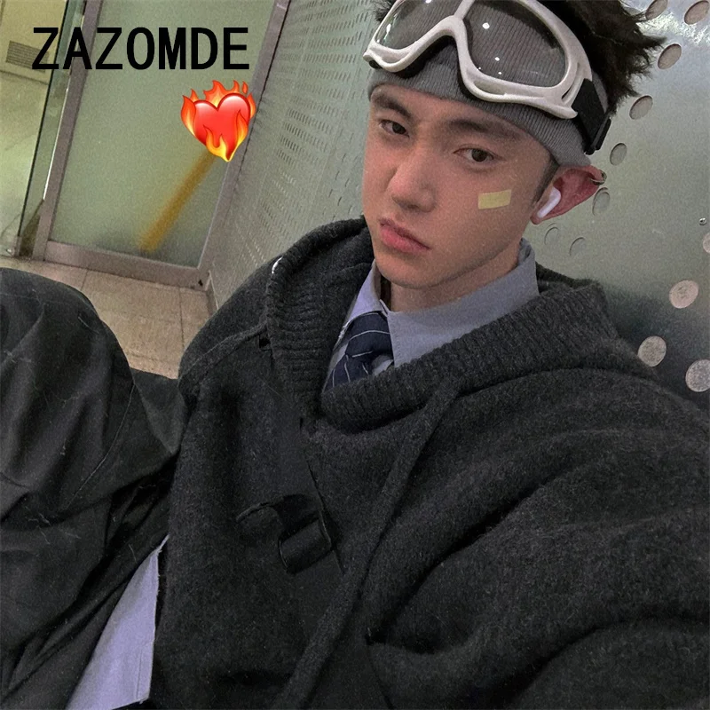 ZAZOMDE Winter Warm Sweater Hoody Japanese Style Loose Solid Color Hooded Sweater Collection Lazy Style Knit Sweater Pullove Men