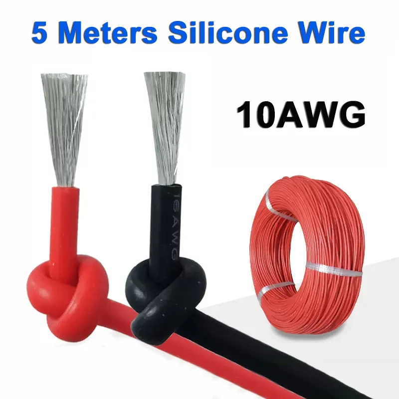 10AWG Soft Silicone Wire Reb Black 5 meters Ultra High Temperature Flexible Copper Heat-resistant Cable Battery DIY Accessories