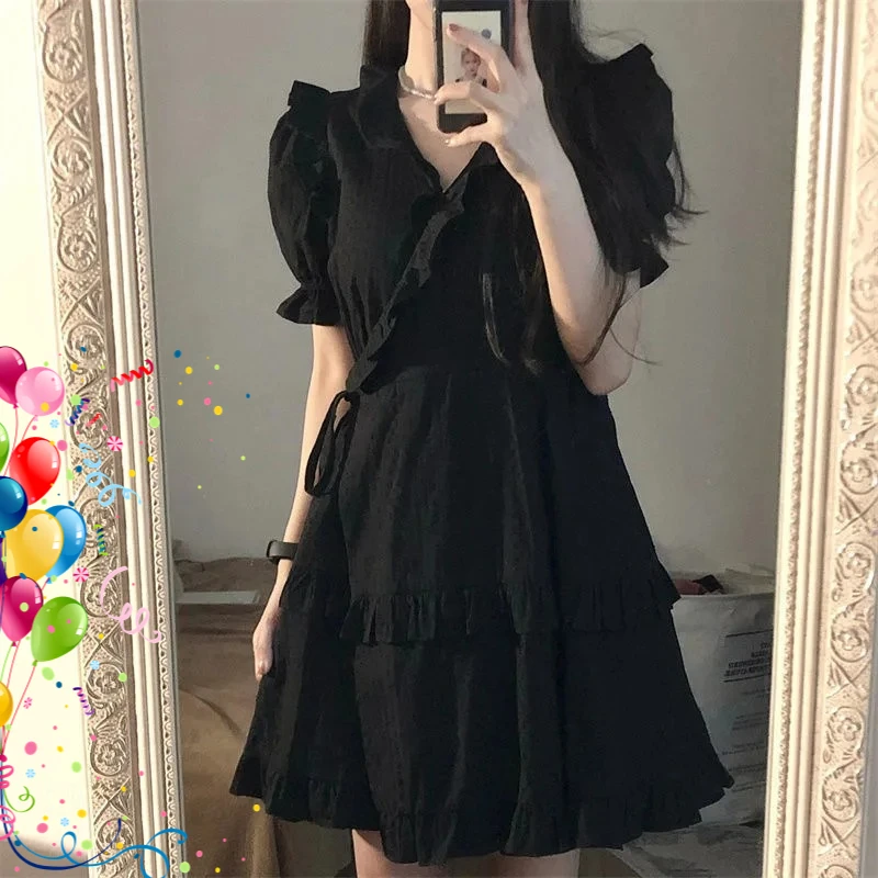

Cool and Cute Short Sleeve Small Black Dress with Wooden Ear Edge V-neck Dress for Female Students Summer Tie Waist A Line Skirt