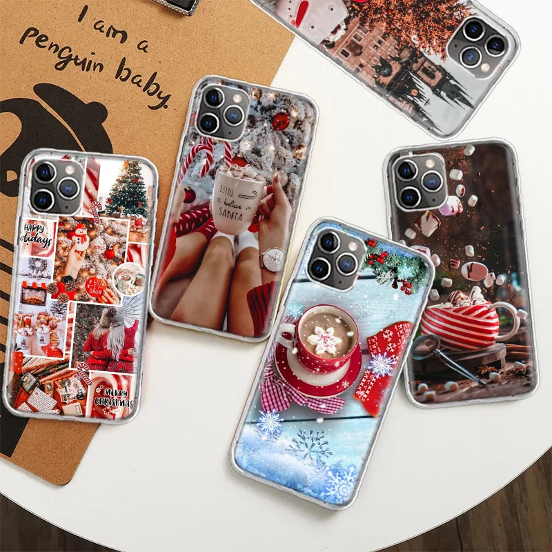 Winter Coffee Christmas Case for iPhone 12 13 Mini 14 Plus 15 16 Pro Max 11 X XS Max Clear TPU Protective Phone Cover C