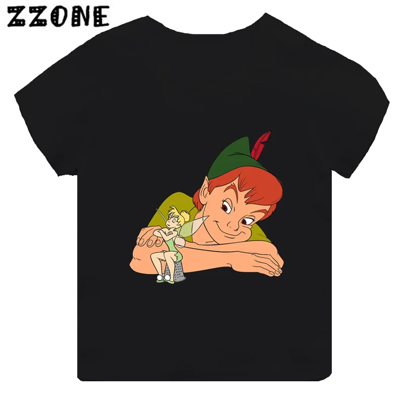 Hot Sale Peter Pan Tinker Bell Print Cartoon Kids T-Shirts Girls Clothes Baby Boys Black T shirt Summer Children Tops,TH5809