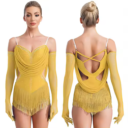 Womens Tassel Latin Dance Leotard Dress Rhinestone Fringed Bodysuit+Gloves Outfits for Tango Cha-Cha Salsa Skating Performance - Image 14