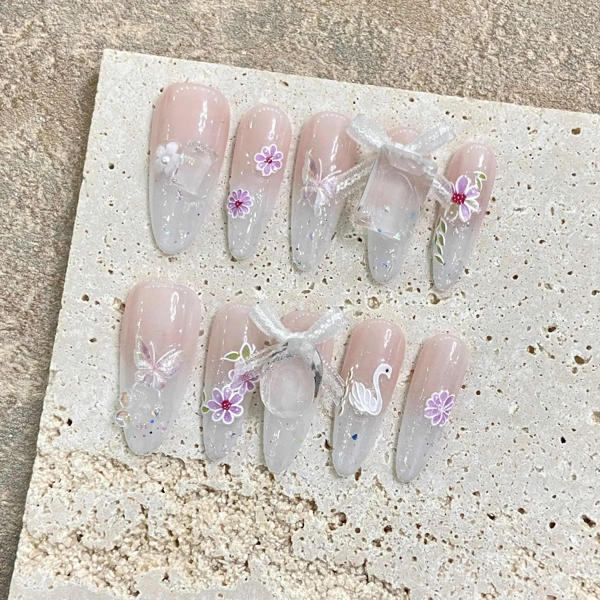 

10Pcs Handmade Pink Press on Nails Long Almond White Fake Nails Flower Butterfly Ribbon Bowknot Designs Gentle Wearable Manicure