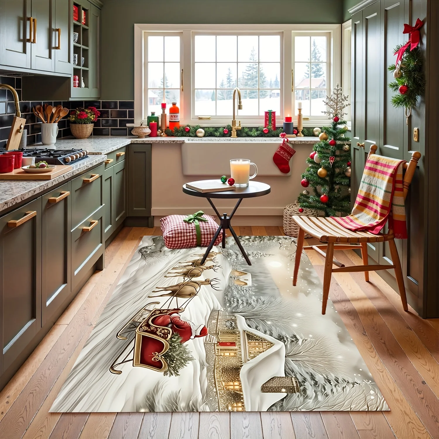 1pc Luxury Snow Scene Rug with Santa & Reindeer, Machine Washable, for Living Room, Bedroom, Kitchen, Christmas Decor