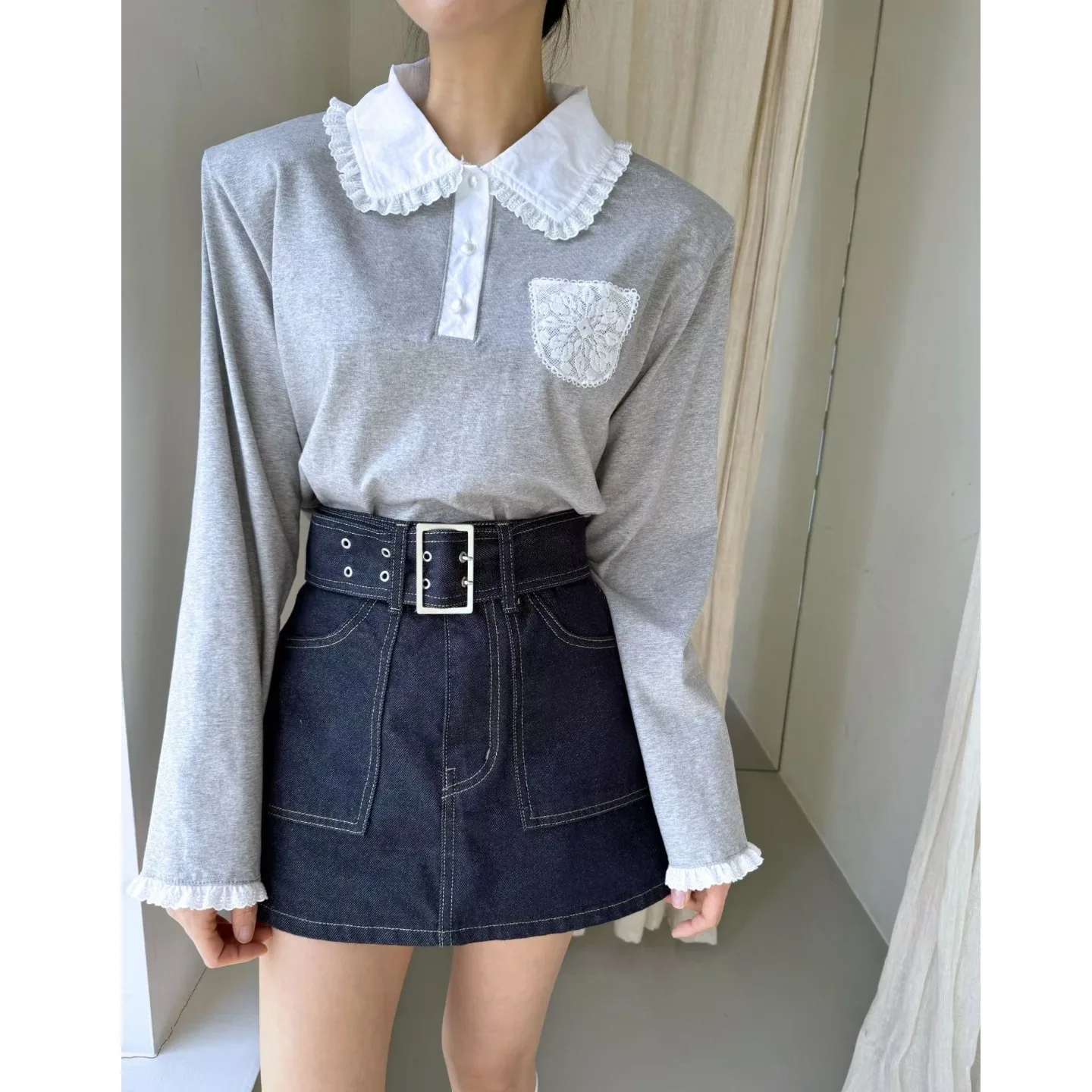 

Spring New Sle Women's Long Sve Lace irt College Sle T-irt Upper Apparel Design Sensation Doll Collar Top