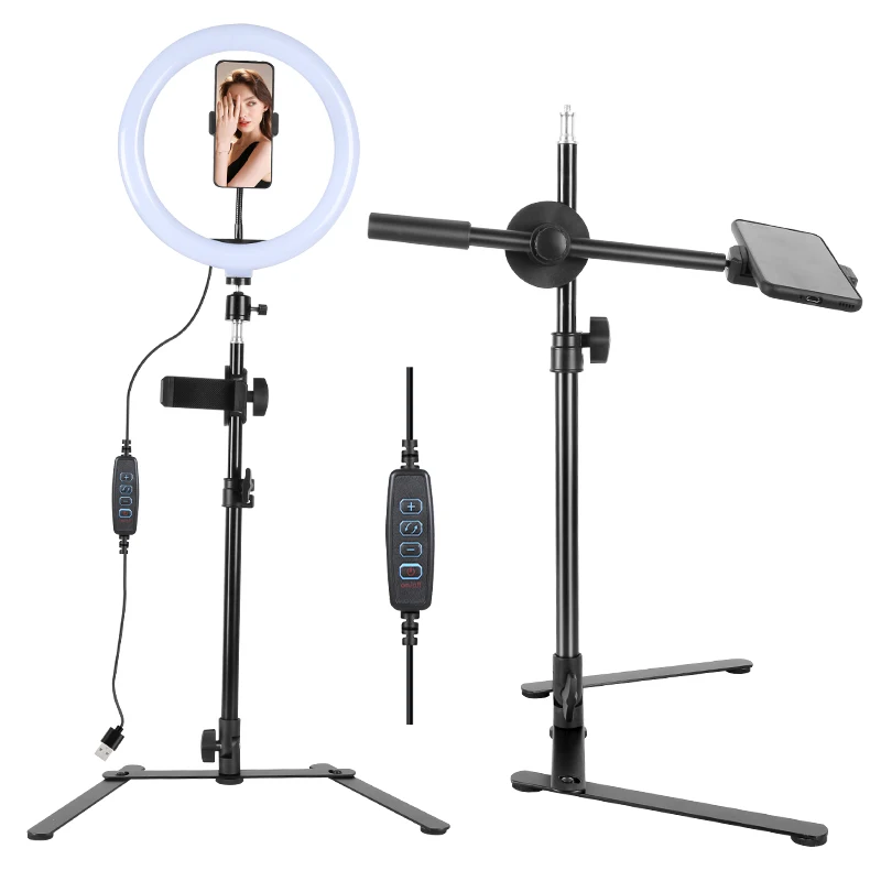 

Настольный штатив для телефона с 26 см USB-кольцевой подсветкой, подставка для фото, световое кольцо с держателем для телефона для прямой трансляции, выпечки видео