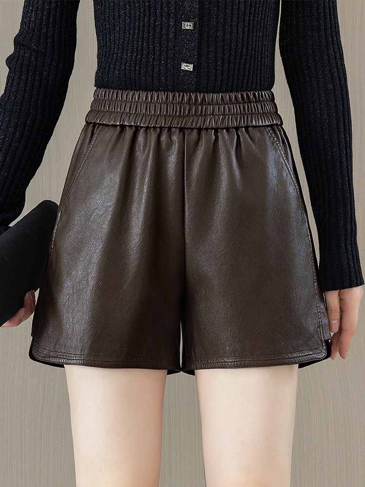 

High Waist PU Leather Shorts Women's Autumn Winter New Style Elastic Wide Leg A-Line Boot Pants Casual Fashion Outerwear