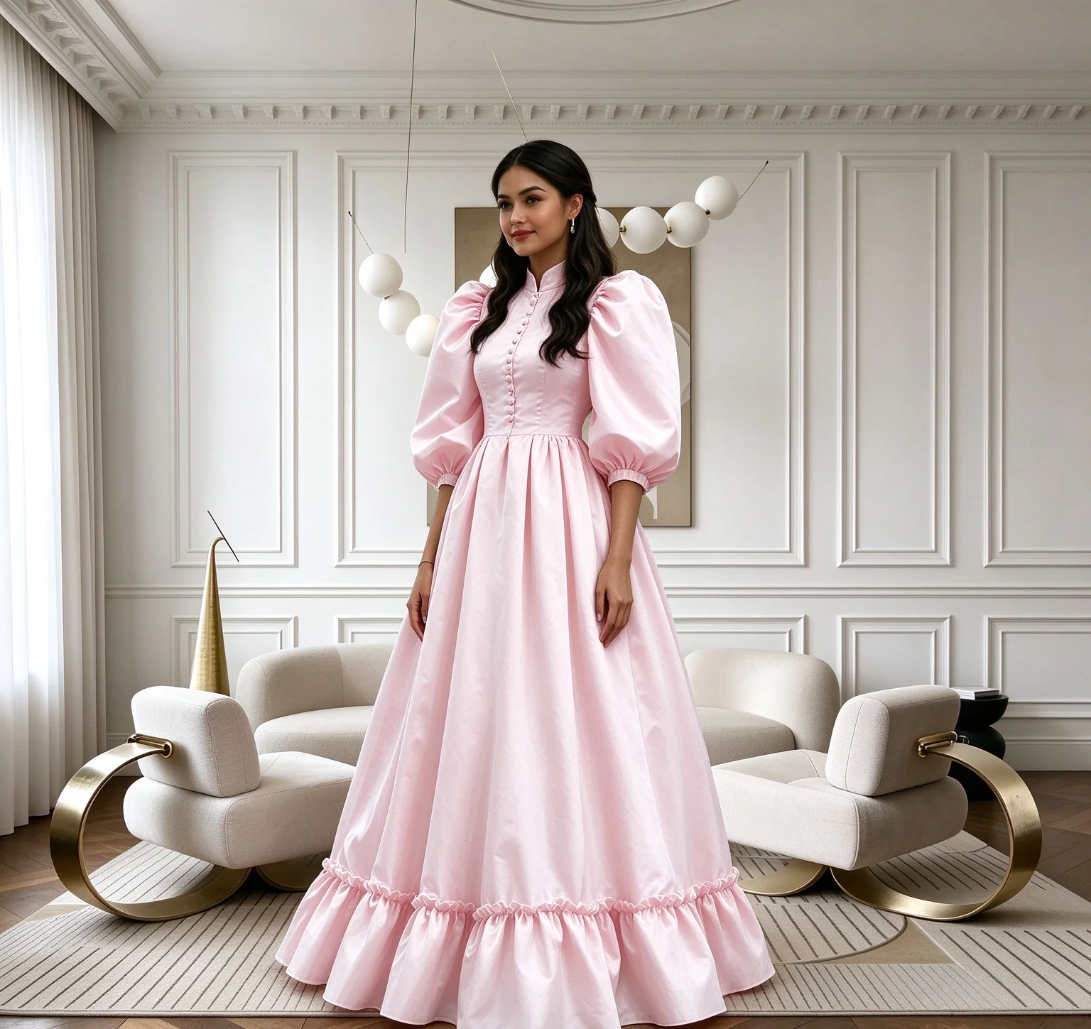 Elegant Pink Satin Women's Party Gown Puff Sleeves Floor Lenght Evening Dress Wedding Banquet Bridesmaid Dress Customized