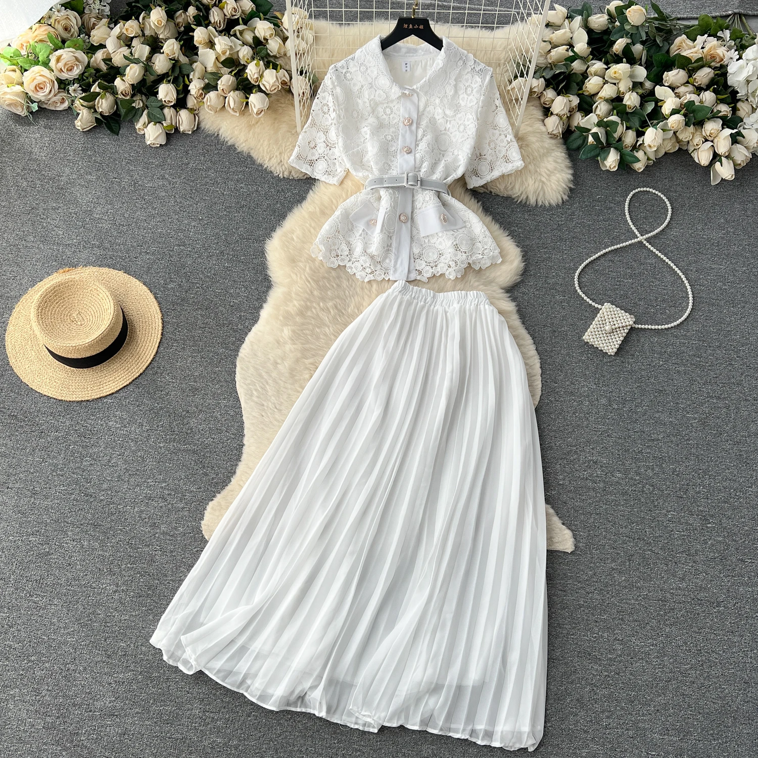 Women Chic French Two Pieces Sets Lapel Short Sleeve Shirt Elegant High Waitst A-line Pleated Skirt Chiffon Fashion  Summer Sets