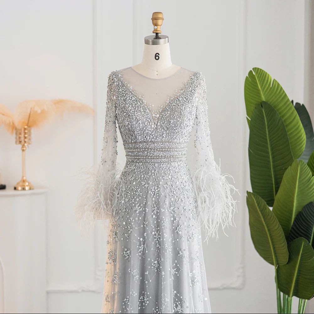 Sharon Said Luxuriöses Abendkleid mit Perlen und Silberfedern in Champagner für Damen, Hochzeit, Bankett, formelle Gala, Partykleid SS101, Maßanfertigung – Detail 9