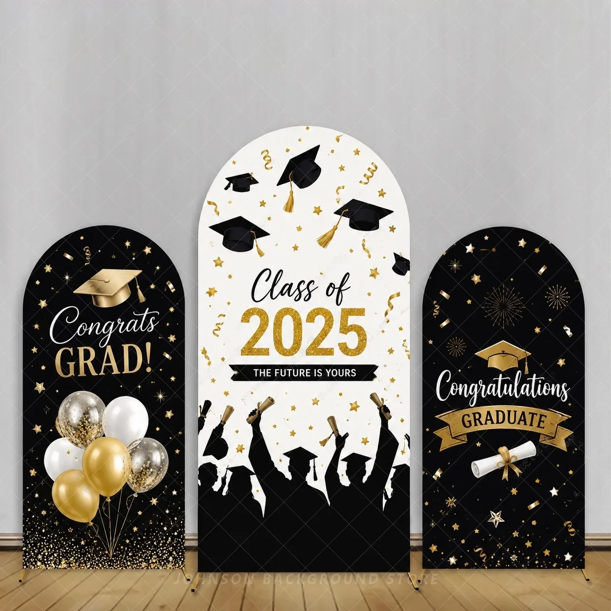 Class of 2025 Graduation Arch Backdrop Black Gold Graduate Party Decorations Congrats Grad balloon Arch Covers background