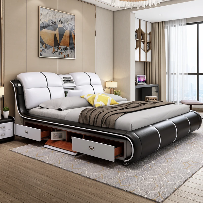 

Modern minimalist leather bed, 1.8m double bed, multifunctional intelligent massage projection storage, wedding bed