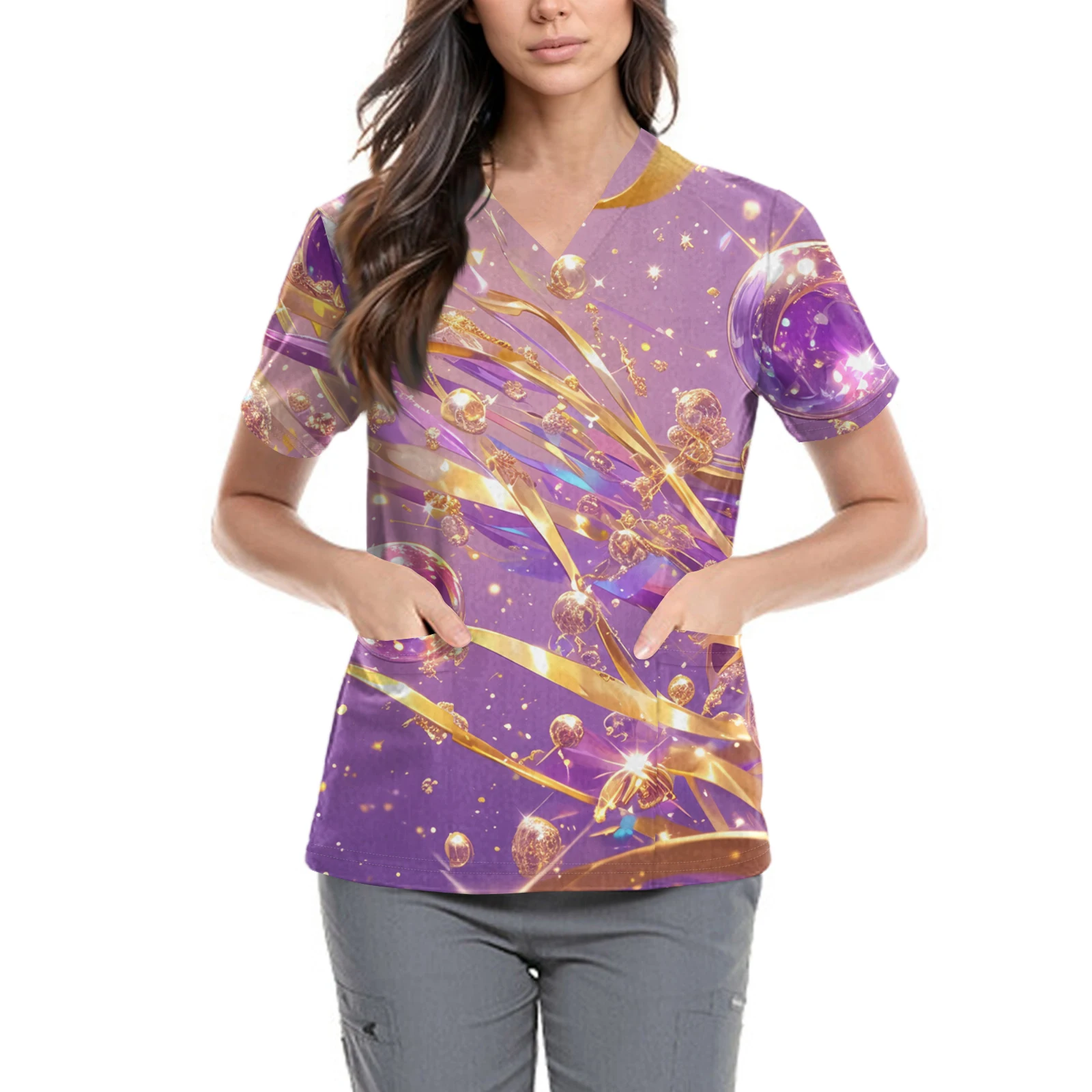 Carnaval Verpleegstersuniformen Polyestervezel Bedrukt Korte mouwen V-hals Tops Dames Bedrukt Zaktop Basic Trui Modieus Dagelijks