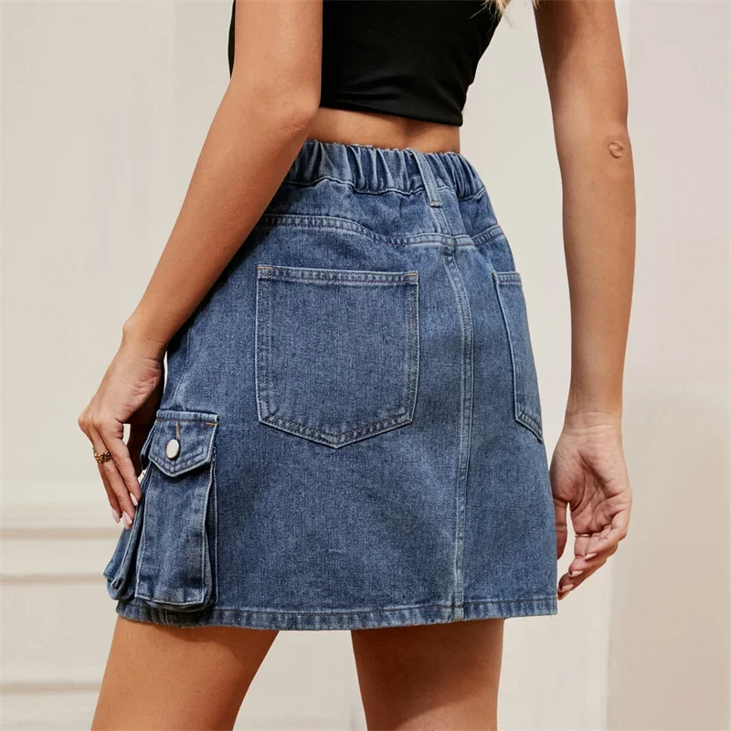 Vintage Women Denim Skirt Hem Patchwork Pocket High Waist New Washable Half-body Dresses Female Casual Workwear Style Streetwear