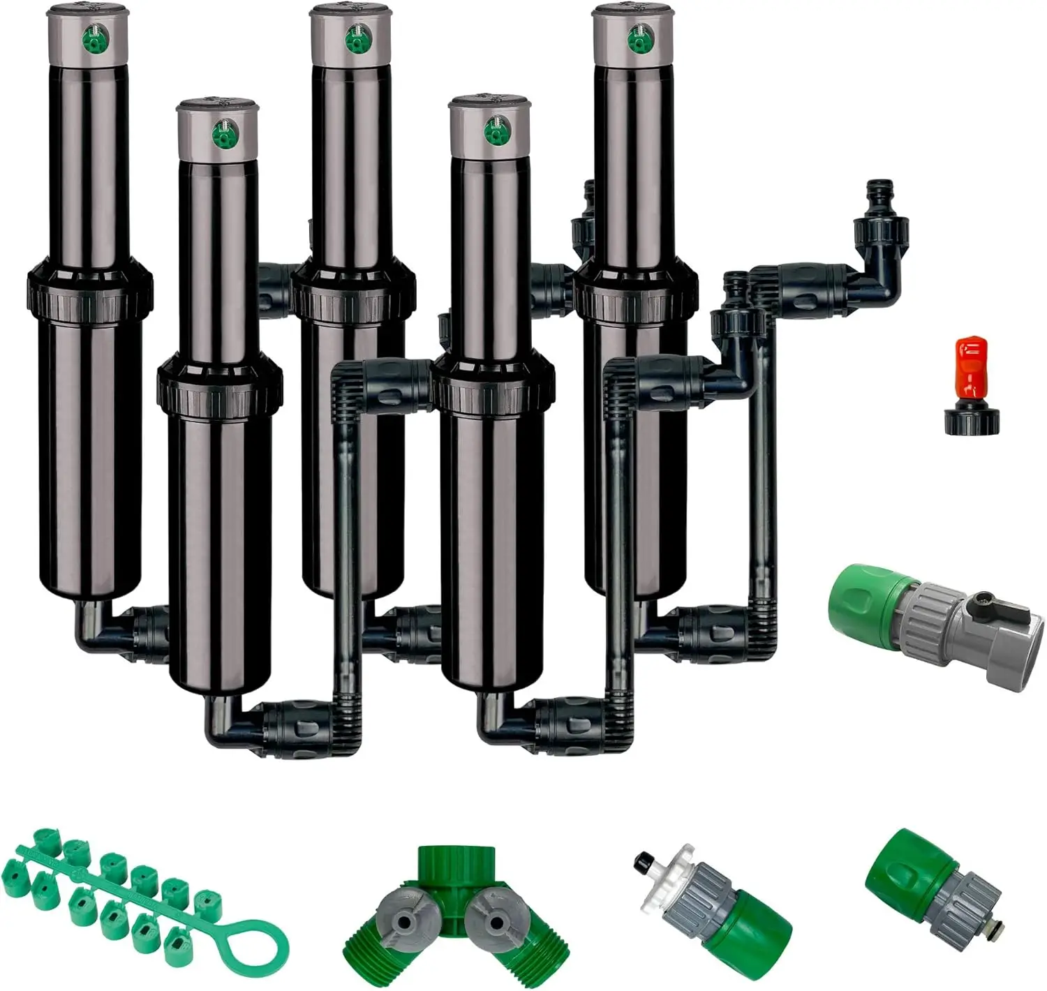 

QSK 745 In Ground 5 Inch Pop Up Adjustable Sprinkler 5 Pack With Quick Hose Connectors And Splitters