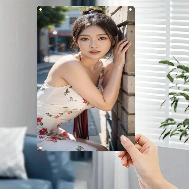 

Rustic Retro Advertising Sign for Home Decor，Metal Poster - Korean Drama Inspired Female Portrait - Vintage Brick Wall & White H