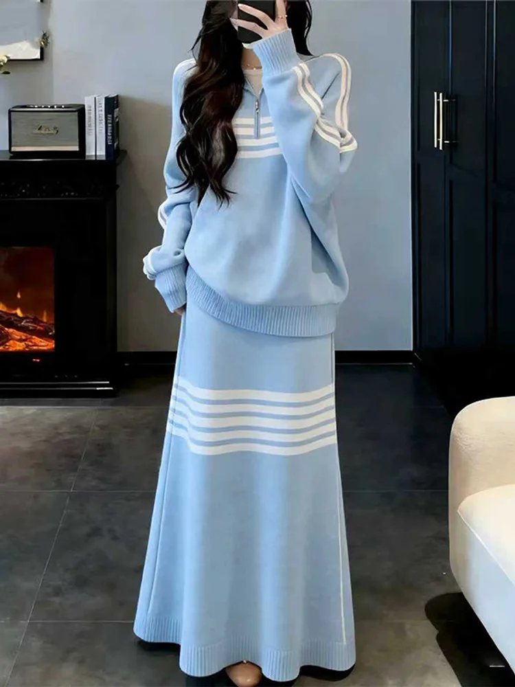 

2026 New Gentle And Lazy Style Knitted Sweater Half Skirt Two-piece Set For Women's Spring Temperament Less Flat Women's Set