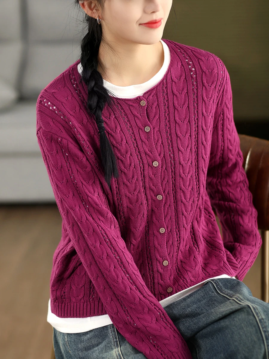 

Retro Twisted Knitted Hollow out Cotton Yarn Single Button Women's Spring Outerwear Artistic Sle Long Sve Cardigan