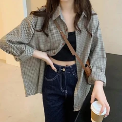 MEXZT Plaid Shirts Women Retro Turn Down Collar Long Sleeve Loose Blouses Harajuku Korean Office Lady Basic Casual Baggy Tops