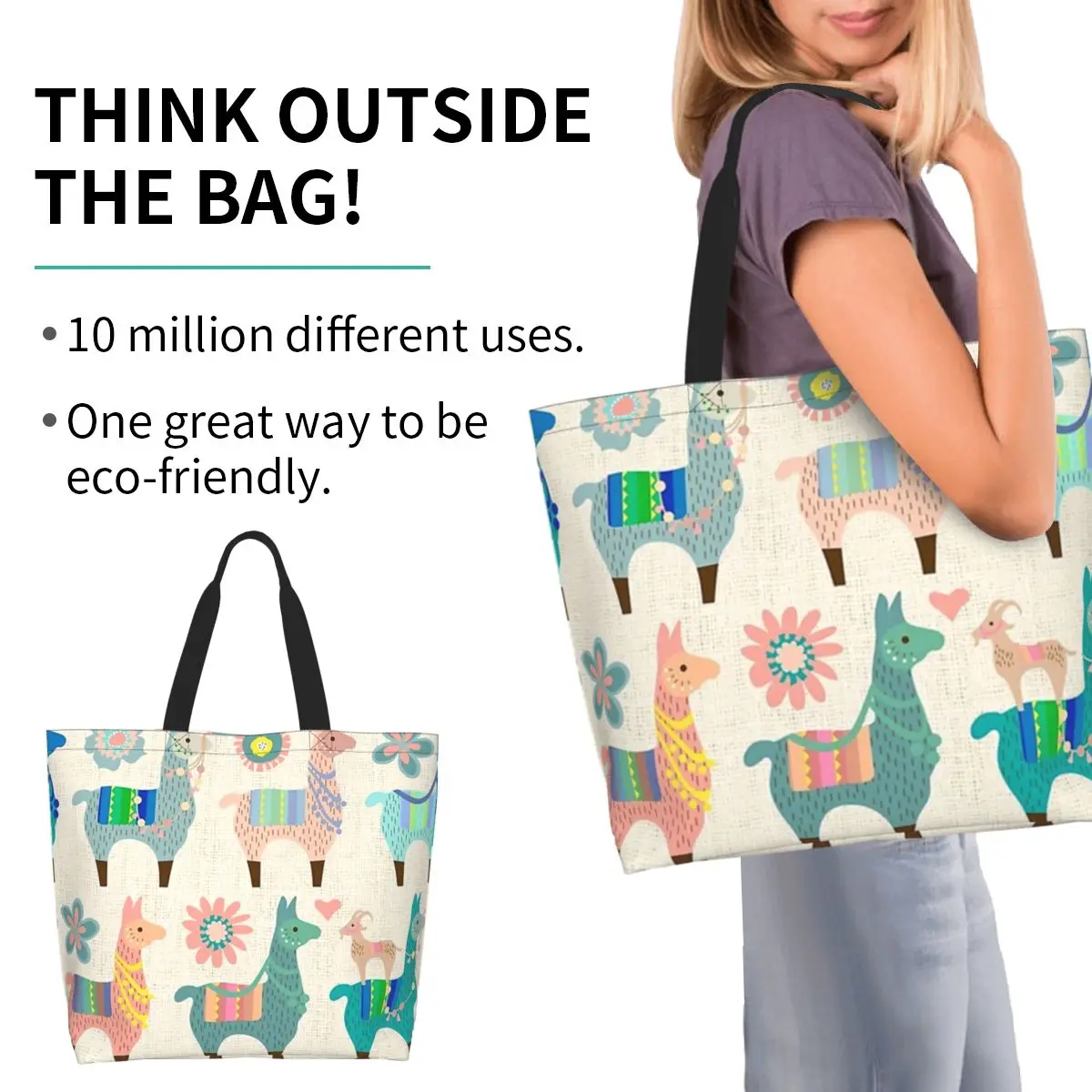 Llama Alpaca Animal Shopping Tote Bag Canvas Large Capacity Shoulder Bags Shopper Grocery Handbag for Women