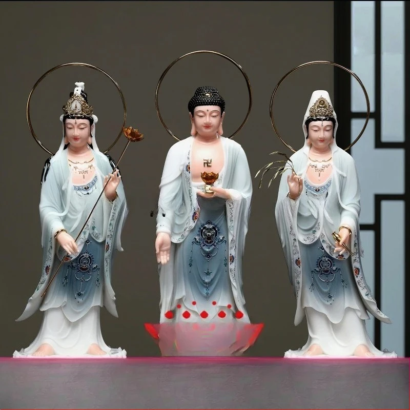 Western Three Saints Buddha Statue White Jade Guanyin Bodhisattva Home Use Amitabha Buddha Statue