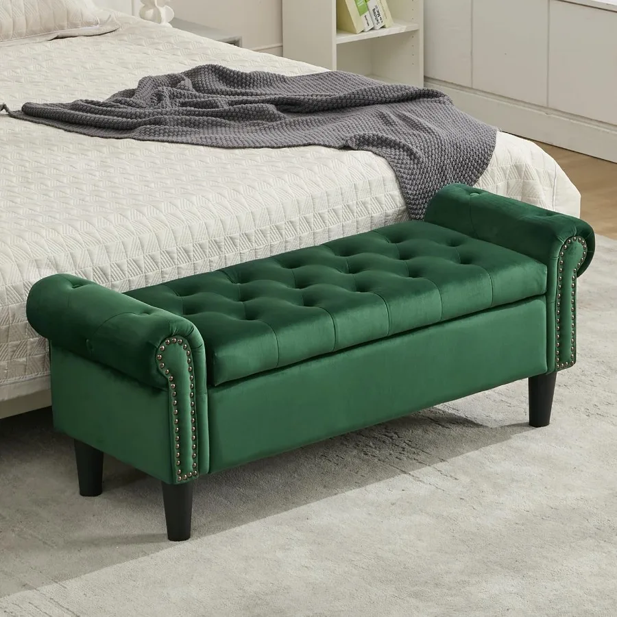 

Storage Bench 50 Queen End of Bed Bench Velvet Tufted Button Upholstered Bedroom Bench Storage Ottoman with Rolled Arms Window
