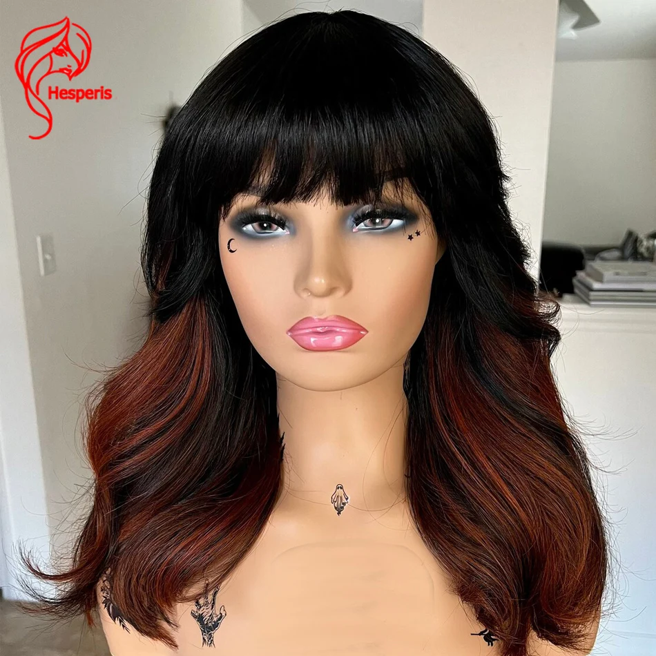 

Hesperis Cooper Brown Highlight Human Hair Wig With Bangs Remy Brazilia None Lace Full Machien Made Wigs Ombre Colored For Women