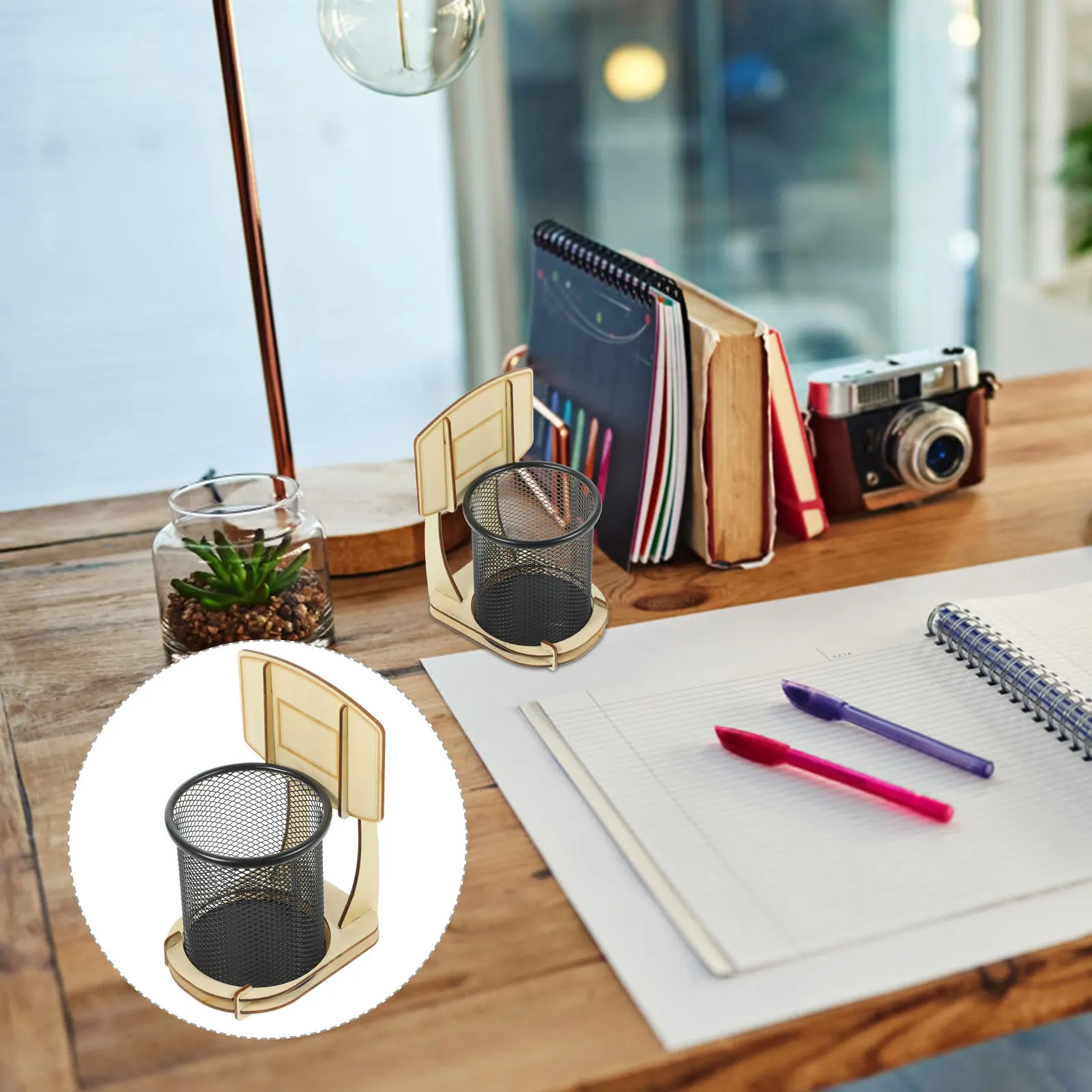 

Basketball Stand Pen Holder Large Capacity Desktop Organizer Modern Wood Style Stationery Storage Pencil Cup For Office