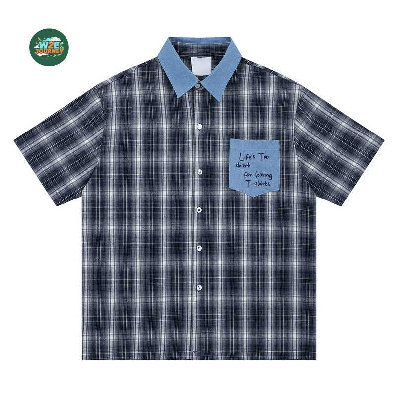 W2EJOURNEY Pakaian Luar Ruangan Kualitas Terbaik Kemeja Lengan Pendek Musim Panas Saku Kotak-kotak Ukuran AS UE Kemeja Retro Longgar Antik Uniseks