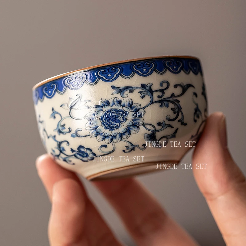 Blue and White Ru Kiln Tea Cup Home Ceramic Master Cup Full Flower Enamel Zen Meditation Cups Tea Tasting Cup Kung Fu Tea Set