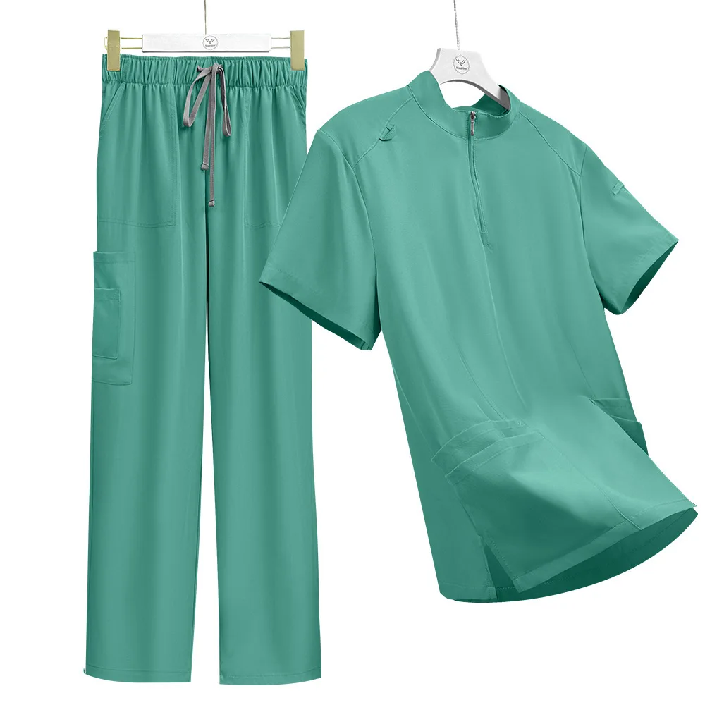 

Stand Collar Zipper Doctor Nurse Work Uniform Gown Suit Scrub Top Surgical Room Straight Pants Solid Color