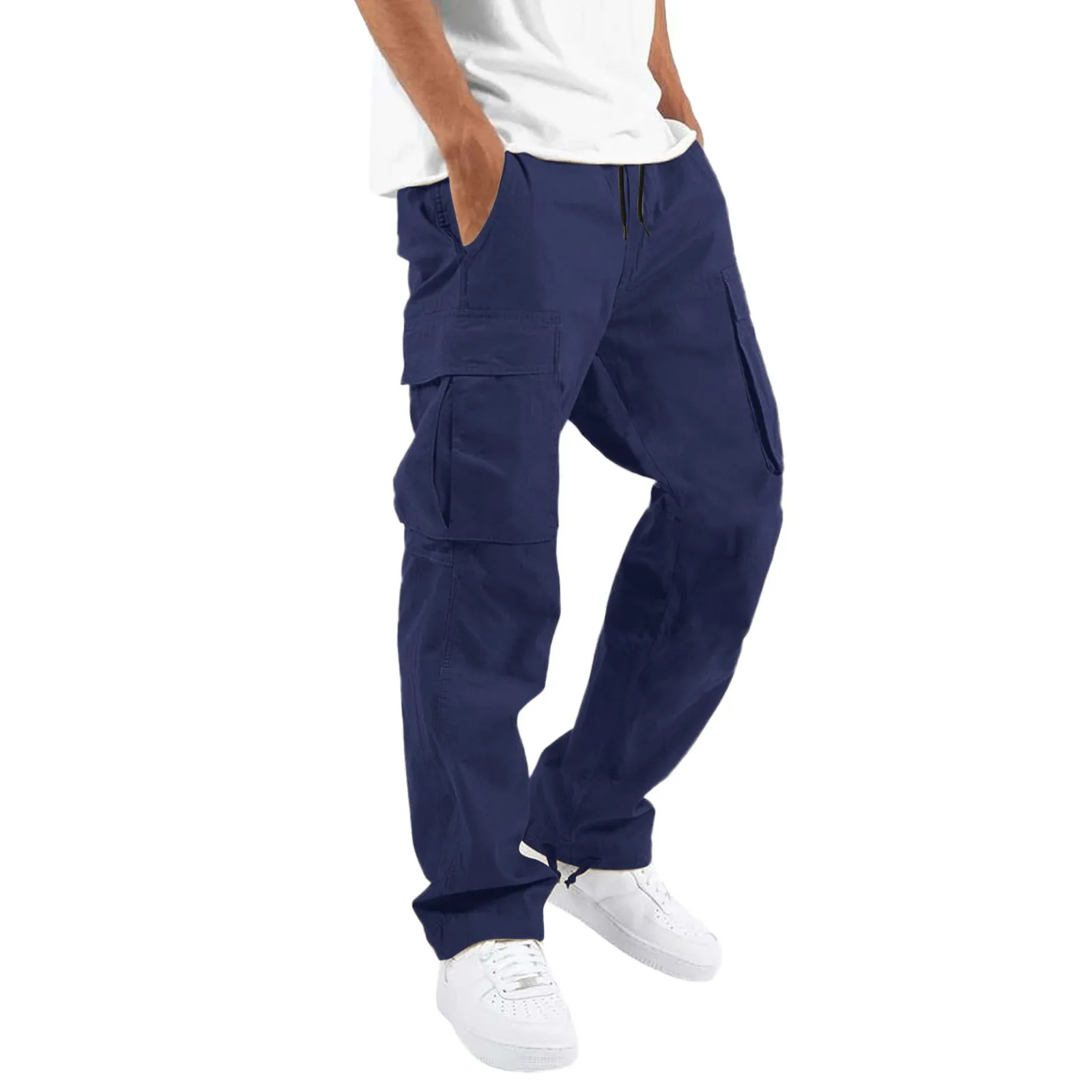 Red Cargo Pants Male Multi Pockets Elastic Drawstring Sports Cargo Trousers Men's Solid Color Streetwear Floor Length Pants