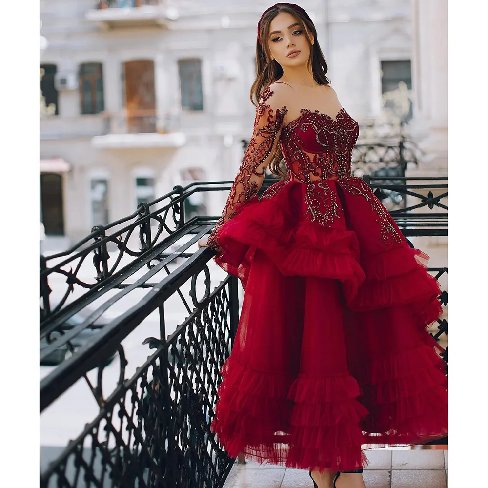 KSDN Luxury Evening Dress Red Ankle-Length Appliques Long Sleeve Organza A-Line Sweetheart Wedding Gown Special Occasion Vestiso