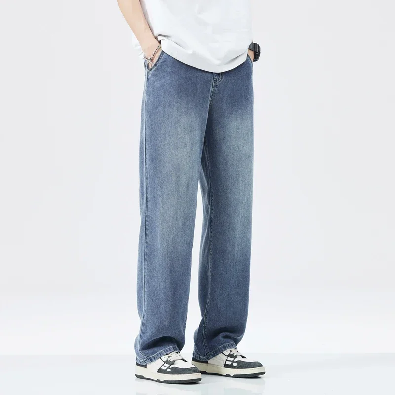 Moda coreana masculina high street casual em linha reta lyocell tecido calças jeans baggy simples masculino calças largas jeans vintage