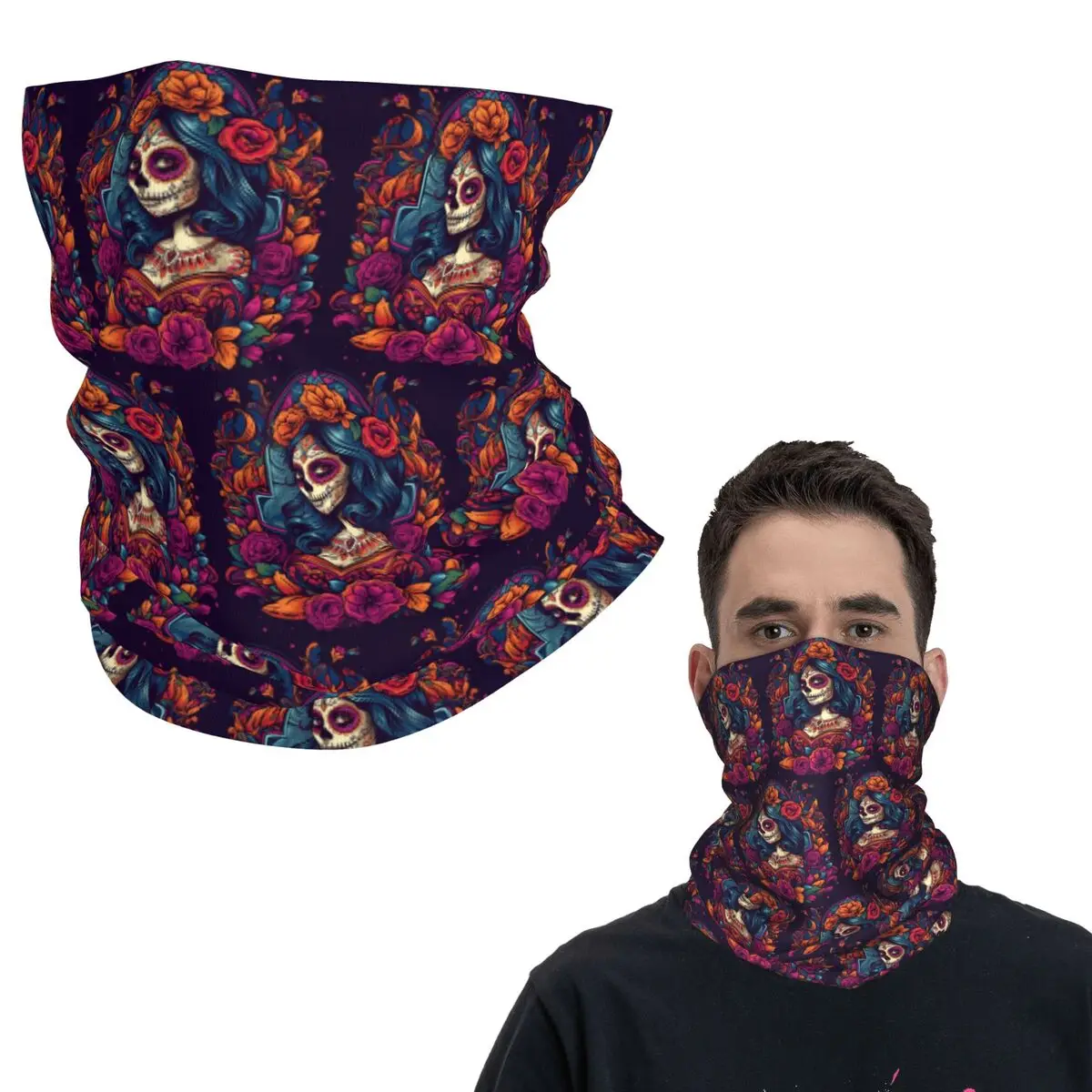 Pañuelo para el cuello con estampado de calavera de azúcar del Día de Muertos y Catrina mexicana, bufanda, máscara, pasamontañas cálido para senderismo y pesca