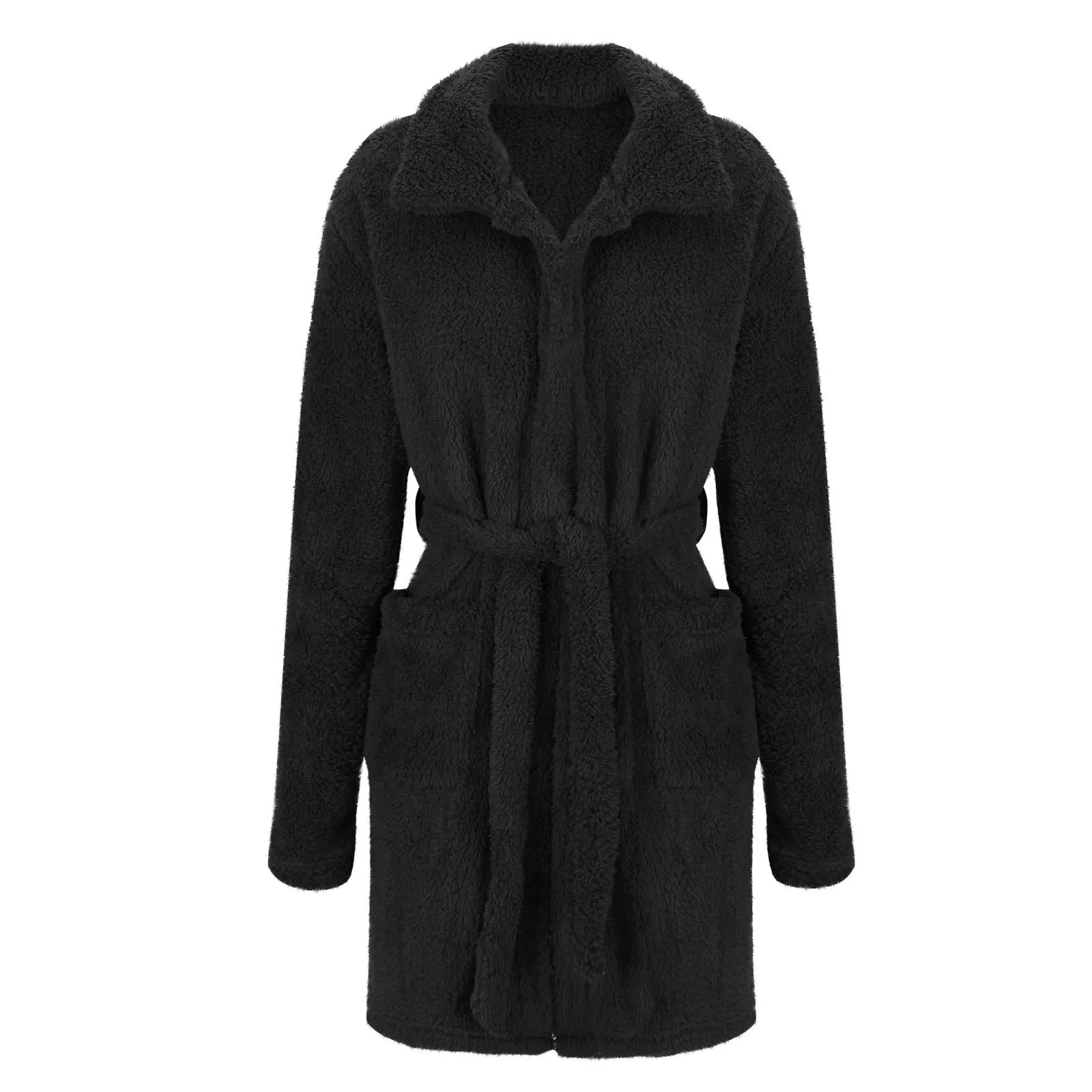 Women Warm Fleece Lace Up Bathrobe 2024 Solid Color Homewear Clothes With Pockets Sexy Plus Size Fuzzy Pajamas Robe Sleepwear