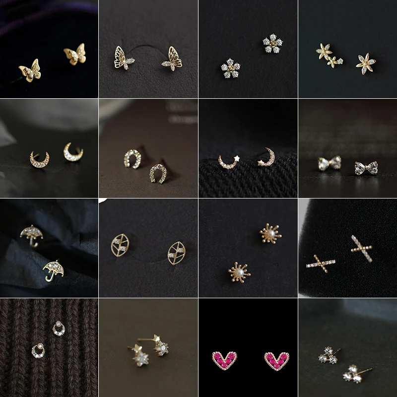 Nuevo oro Color circón corazón flor hueco mariposa Mini pendientes para mujer moda fiesta joyería accesorios regalo