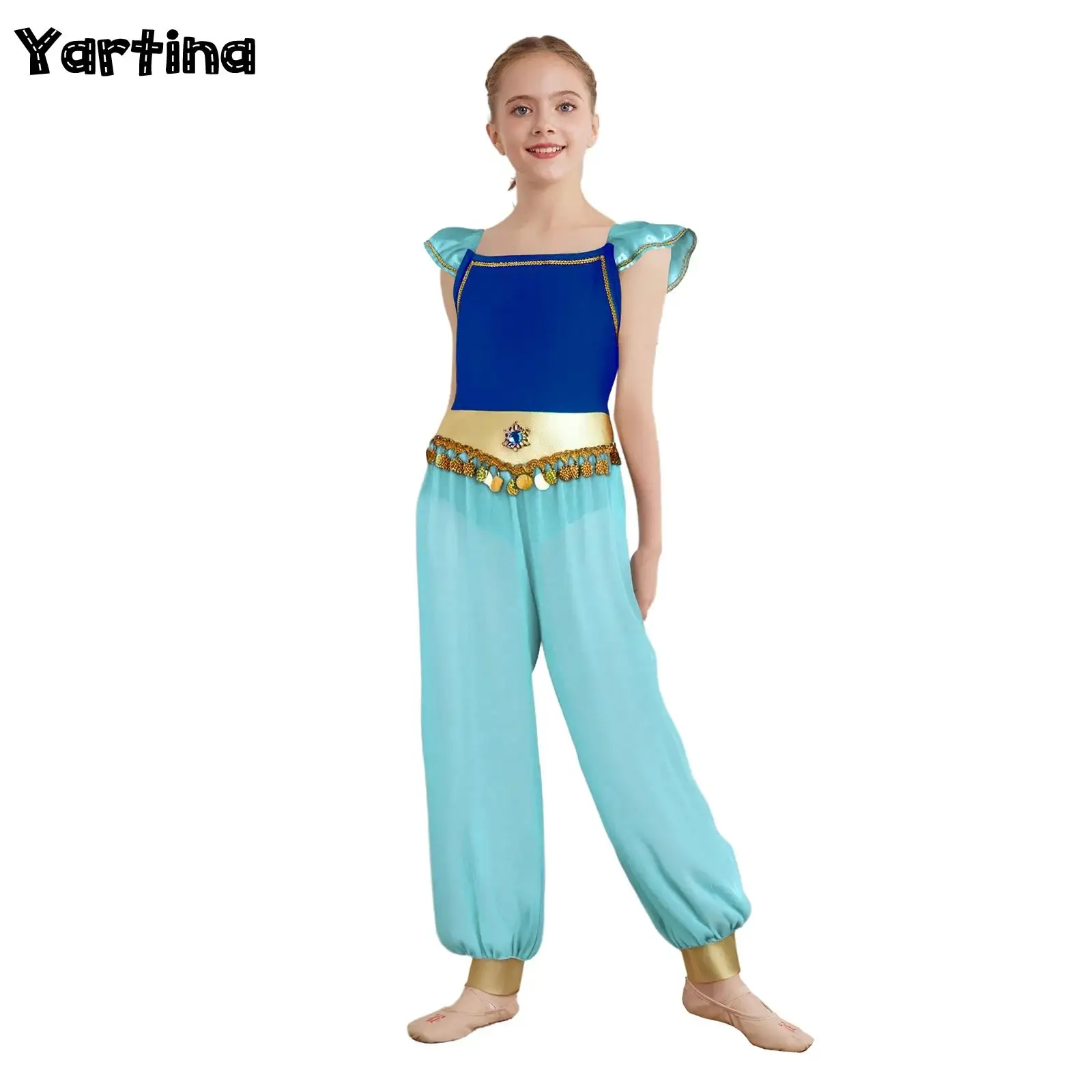 Lámpara árabe de Aladino para niñas, disfraz de princesa Jasmine Genie, lentejuelas con diamantes de imitación, borlas, pantalones largos con abertura lateral en la cintura